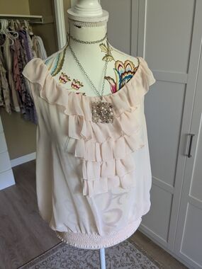 Kai Blush Peach Ruffled Sleeveless Blouse